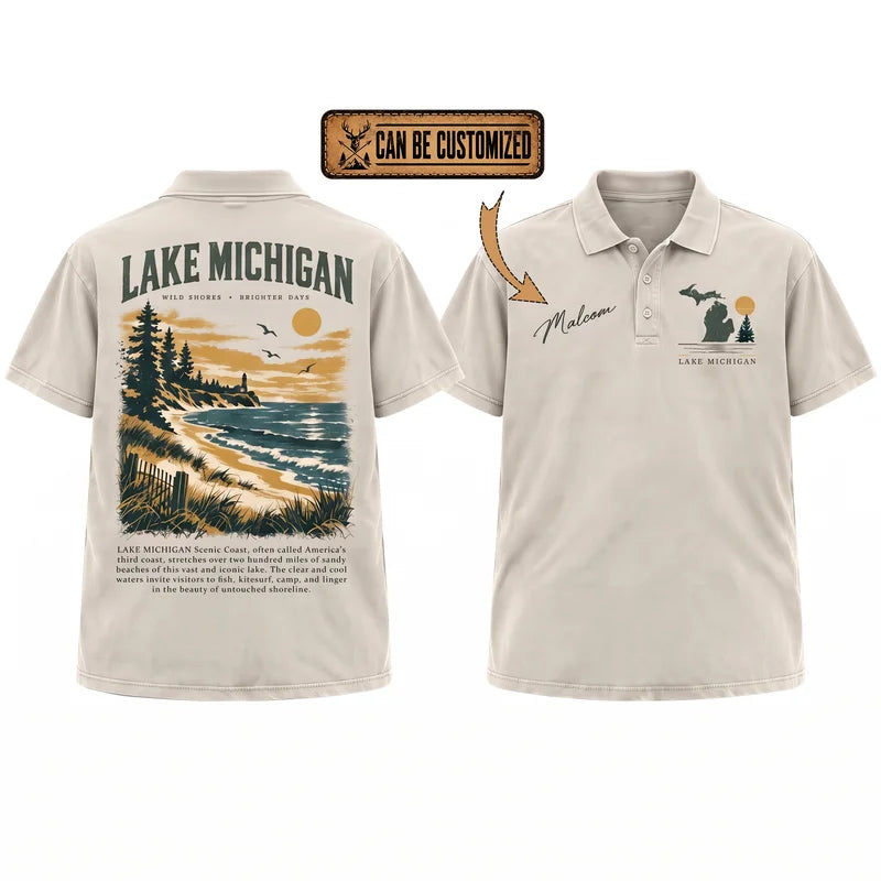 Personalized Lake Michigan Wild Shores Brighter Days Vintage Polo Shirt
