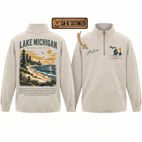 Personalized Lake Michigan Wild Shores Brighter Days Vintage Zip Long Sleeve Shirt