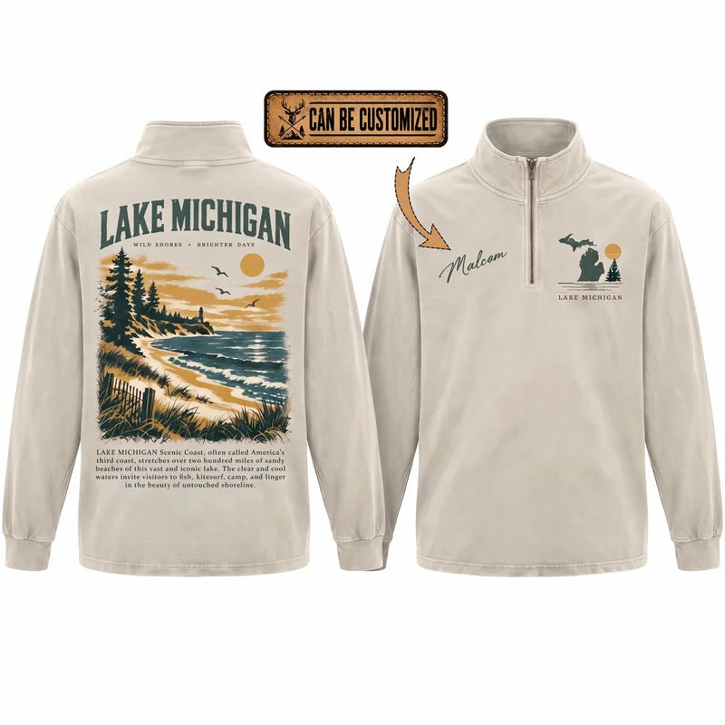 Personalized Lake Michigan Wild Shores Brighter Days Vintage Zip Long Sleeve Shirt