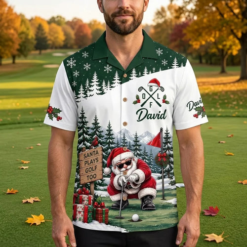 Personalized David Santa Plays Golf Too Christmas Hawaiian Shirt