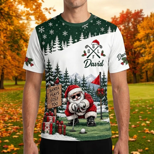 Personalized David Santa Plays Golf Too Christmas Golf T-Shirt