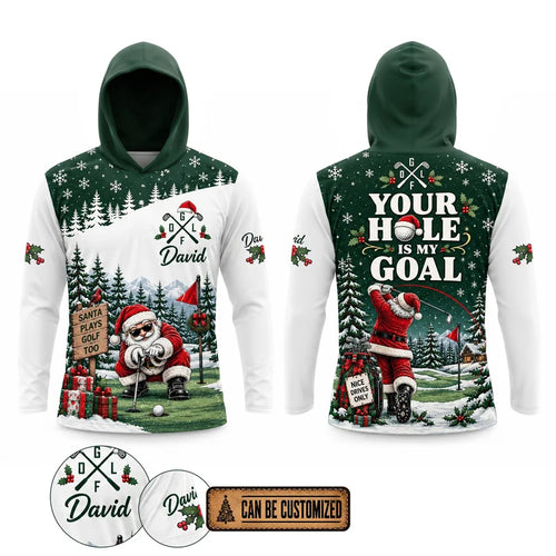 Personalized David Santa Plays Golf Too Christmas Hooded Long Sleeve Shirt