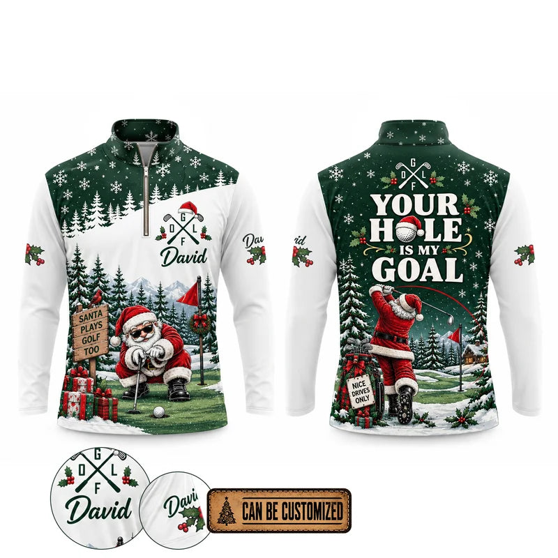 Personalized David Santa Plays Golf Too Christmas Zip Long Sleeve Shirt