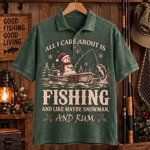 All I Care About Is Fishing Snowman & Rum Vintage Christmas Polo Shirt