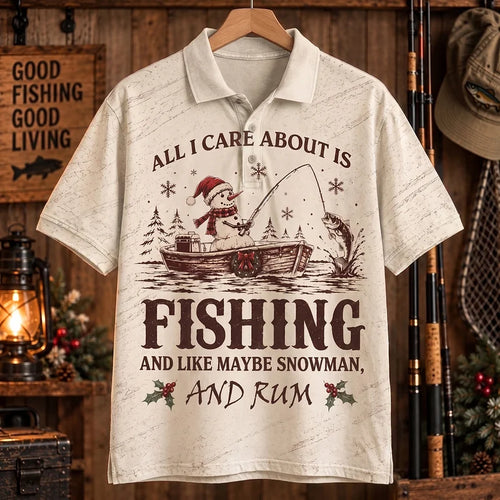 All I Care About Is Fishing Snowman & Rum Vintage Christmas Polo Shirt
