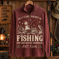 All I Care About Is Fishing Snowman & Rum Vintage Christmas Zip Long Sleeve Shirt
