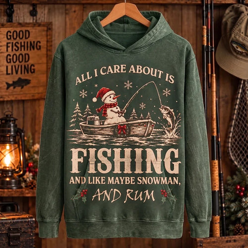 All I Care About Is Fishing Snowman & Rum Vintage Christmas Hoodie