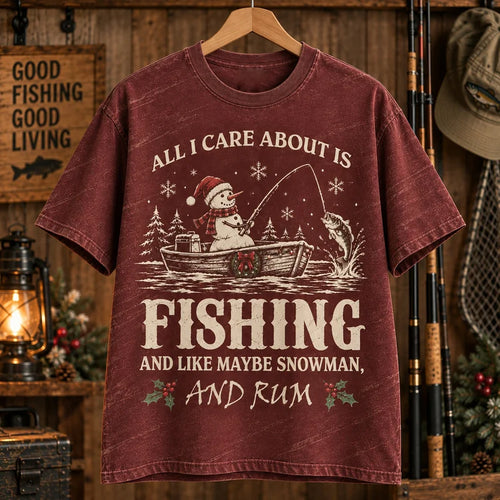 All I Care About Is Fishing Snowman & Rum Vintage Christmas T-Shirt