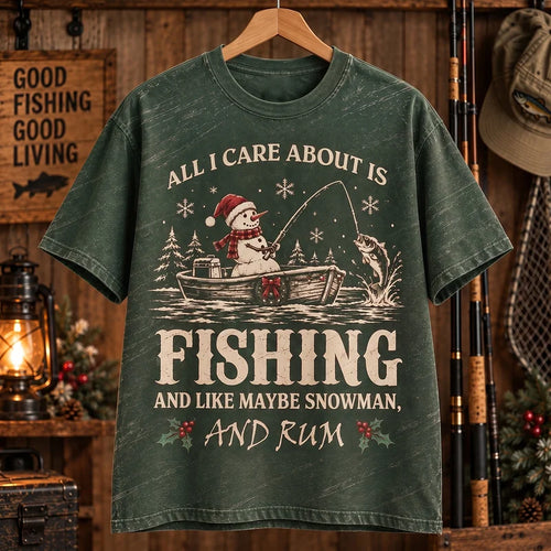 All I Care About Is Fishing Snowman & Rum Vintage Christmas T-Shirt