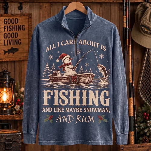 All I Care About Is Fishing Snowman & Rum Vintage Christmas Zip Long Sleeve Shirt