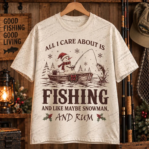 All I Care About Is Fishing Snowman & Rum Vintage Christmas T-Shirt