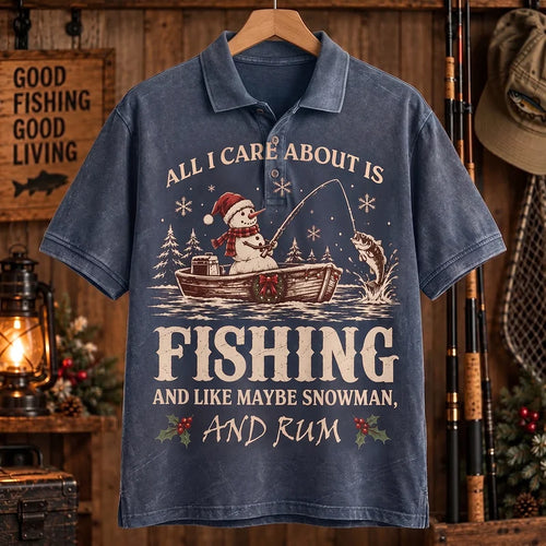 All I Care About Is Fishing Snowman & Rum Vintage Christmas Polo Shirt