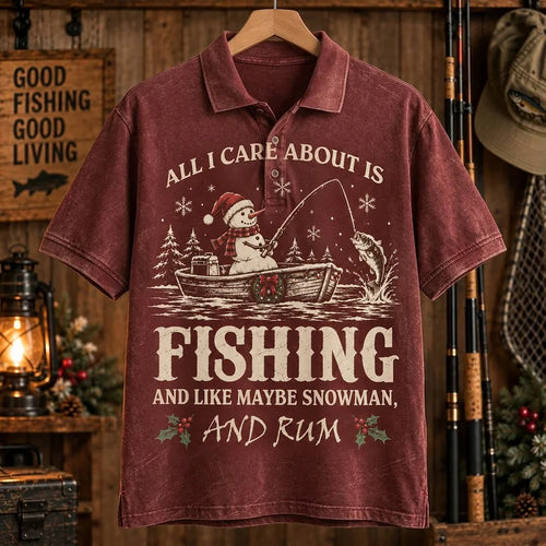 All I Care About Is Fishing Snowman & Rum Vintage Christmas Polo Shirt