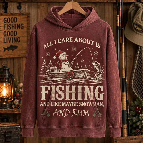 All I Care About Is Fishing Snowman & Rum Vintage Christmas Hoodie