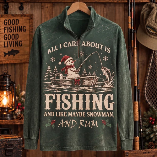 All I Care About Is Fishing Snowman & Rum Vintage Christmas Zip Long Sleeve Shirt