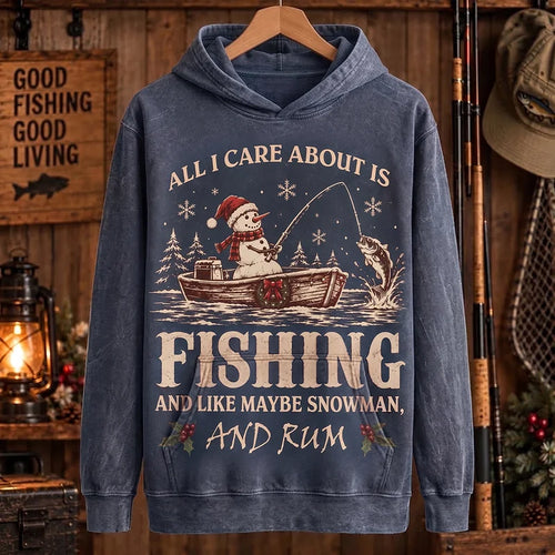 All I Care About Is Fishing Snowman & Rum Vintage Christmas Hoodie