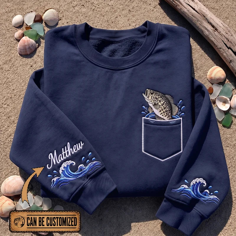 Personalized Bass Fish Ocean Waves Sweater – Print & Embroidery