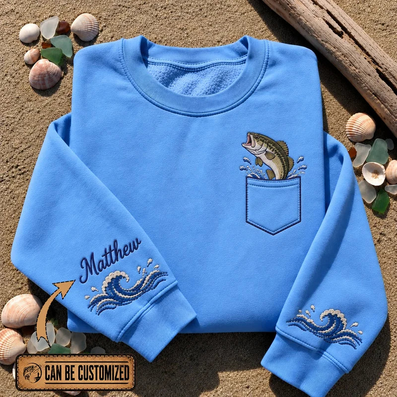 Personalized Largemouth Bass Ocean Waves Sweater – Print & Embroidery