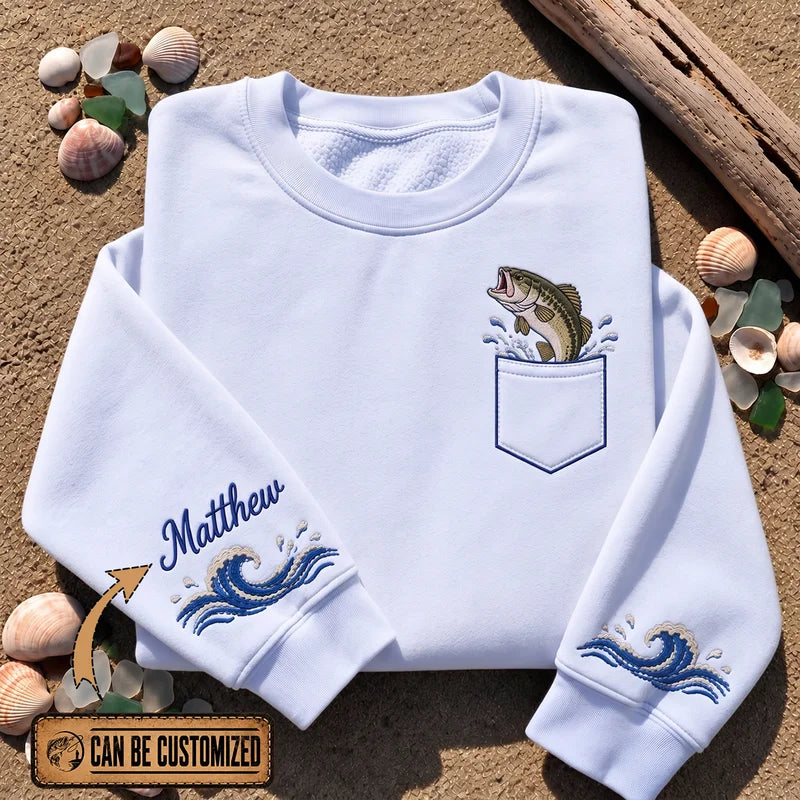 Personalized Largemouth Bass Ocean Waves Sweater – Print & Embroidery