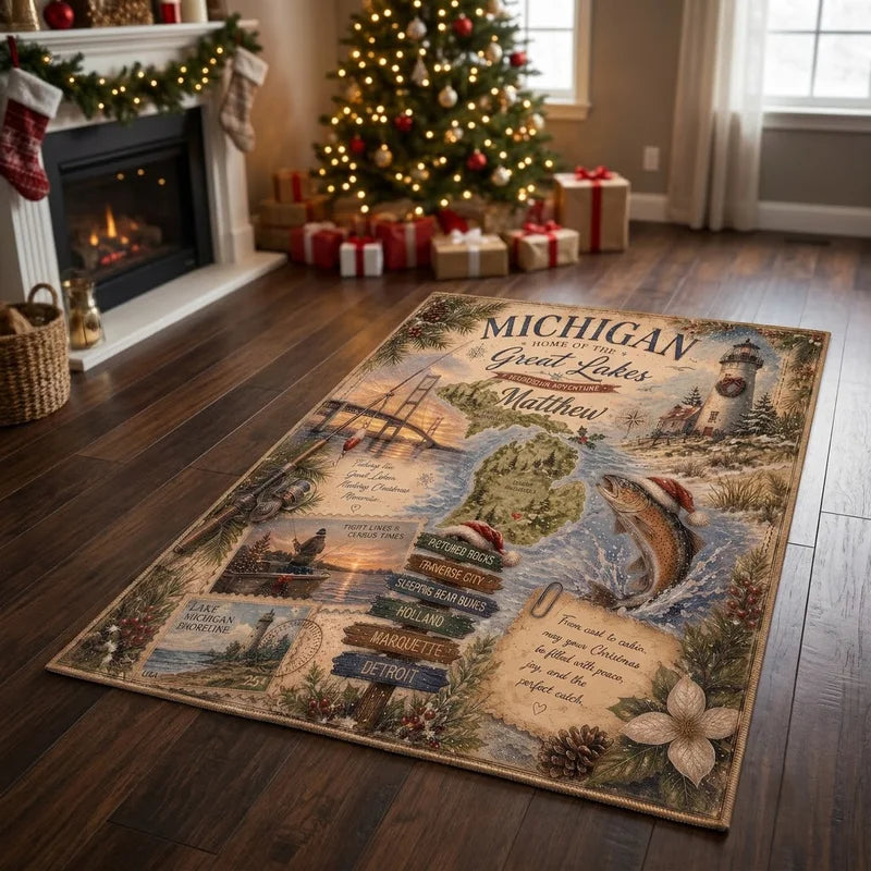 Personalized Michigan Great Lakes Christmas Fishing Rug