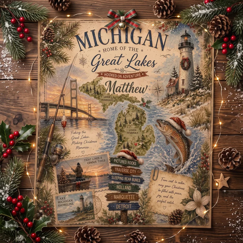 Personalized Michigan Great Lakes Christmas Fishing Rug