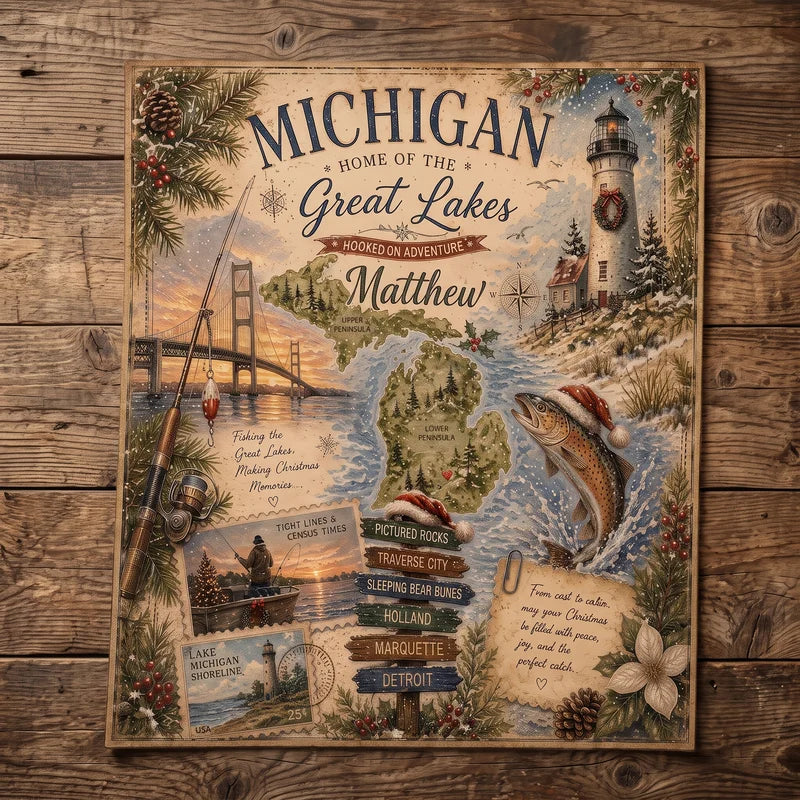 Personalized Michigan Great Lakes Christmas Fishing Rug
