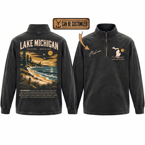 Personalized Lake Michigan Wild Shores Brighter Days Vintage Zip Long Sleeve Shirt
