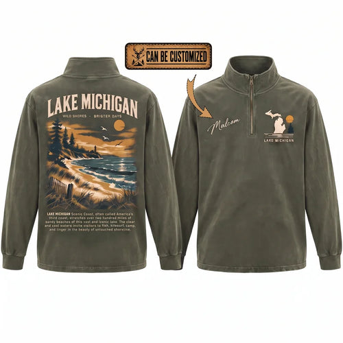 Personalized Lake Michigan Wild Shores Brighter Days Vintage Zip Long Sleeve Shirt