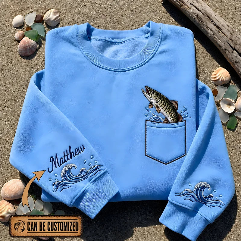 Muskellunge Jumping Fish Pocket Personalized Sweater – Print & Embroidery