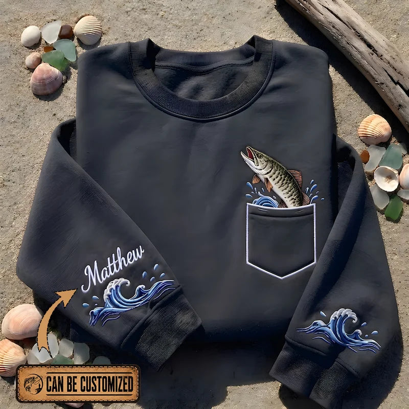 Muskellunge Jumping Fish Pocket Personalized Sweater – Print & Embroidery