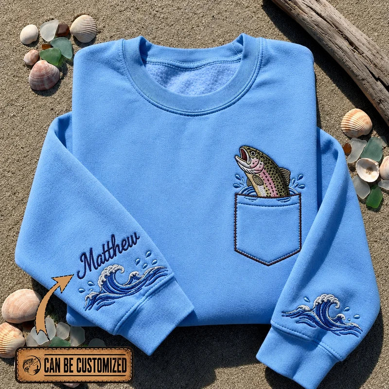 Personalized Rainbow Trout Ocean Waves Sweater – Print & Embroidery