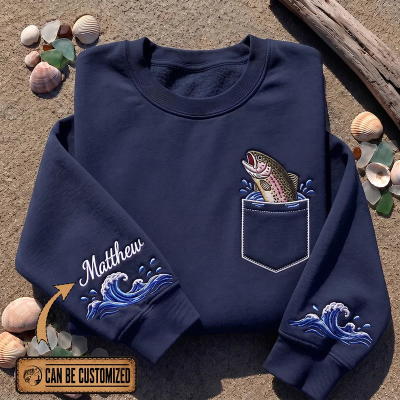 Personalized Rainbow Trout Ocean Waves Sweater – Print & Embroidery