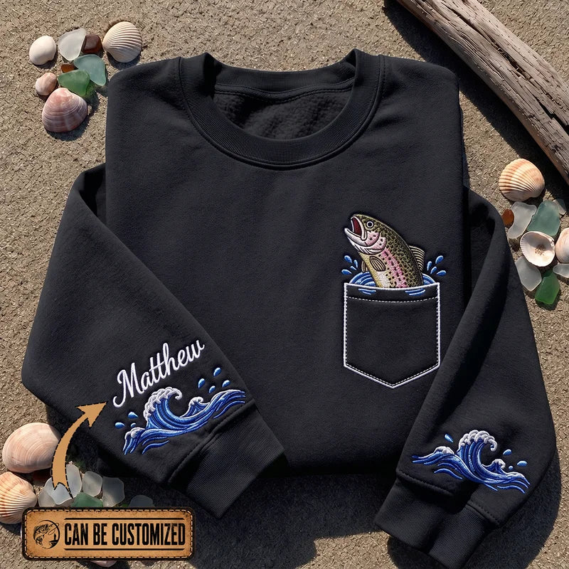 Personalized Rainbow Trout Ocean Waves Sweater – Print & Embroidery
