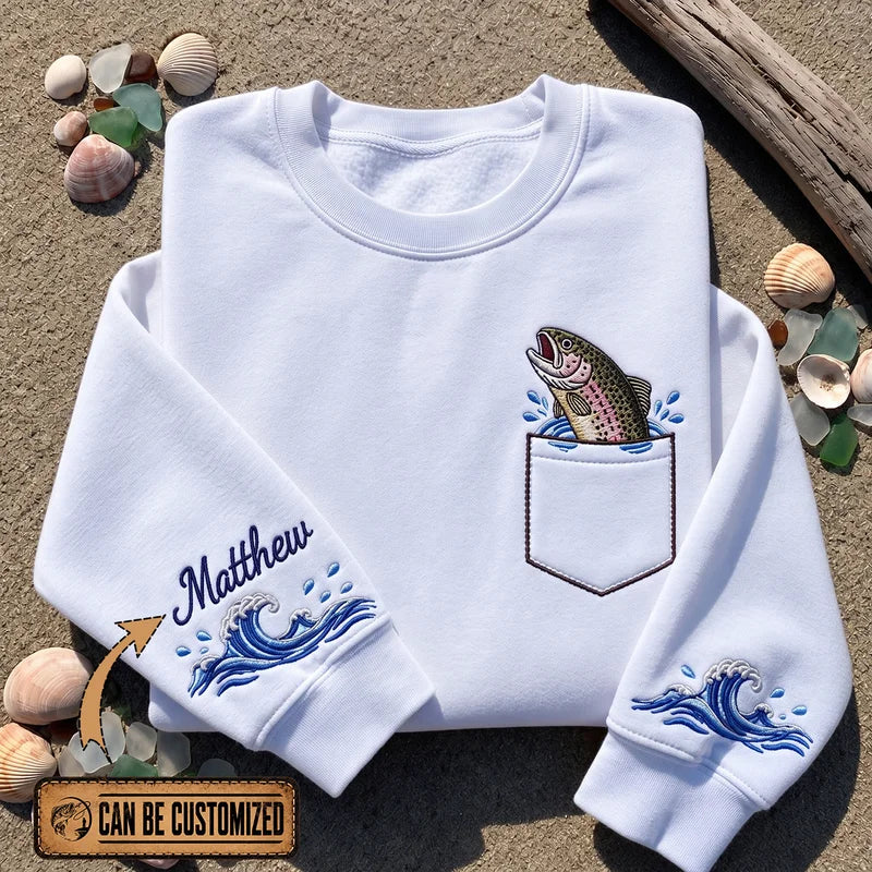 Personalized Rainbow Trout Ocean Waves Sweater – Print & Embroidery