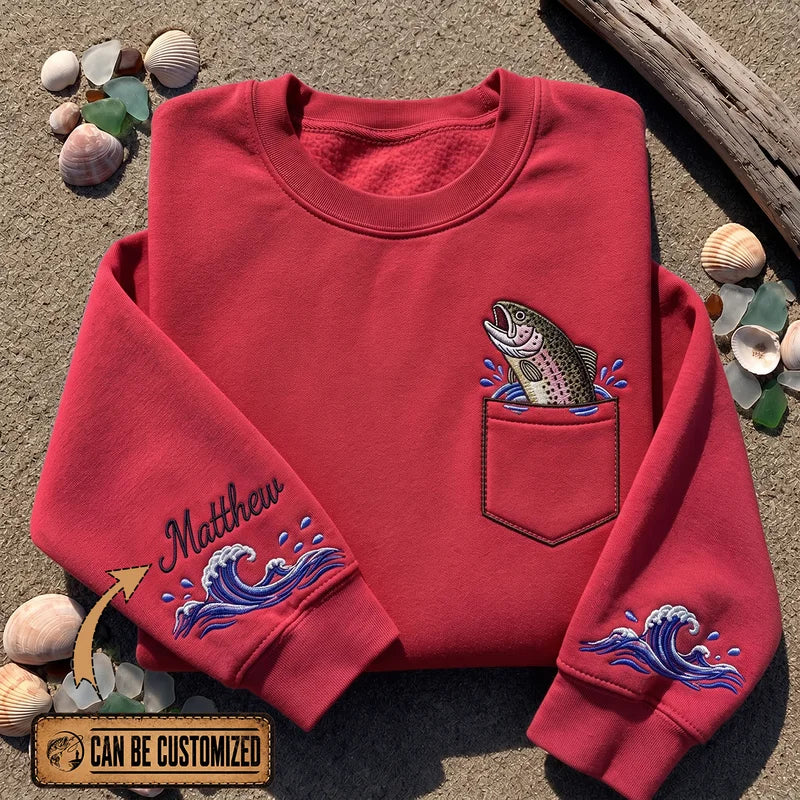 Personalized Rainbow Trout Ocean Waves Sweater – Print & Embroidery