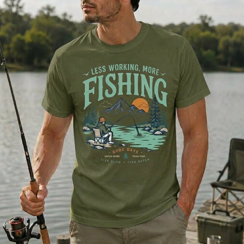 Less Working More Fishing Vintage Mountain T-Shirt