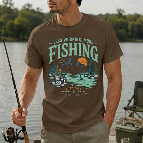 Less Working More Fishing Vintage Mountain T-Shirt