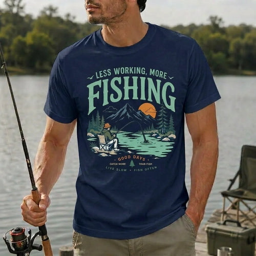 Less Working More Fishing Vintage Mountain T-Shirt