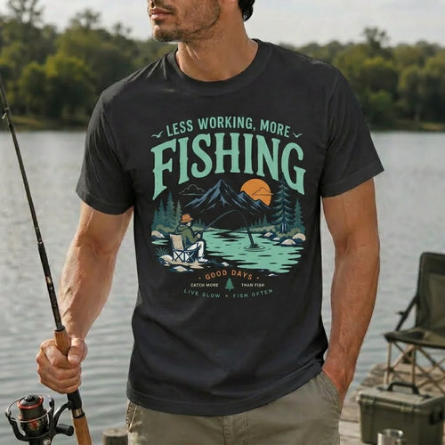 Less Working More Fishing Vintage Mountain T-Shirt