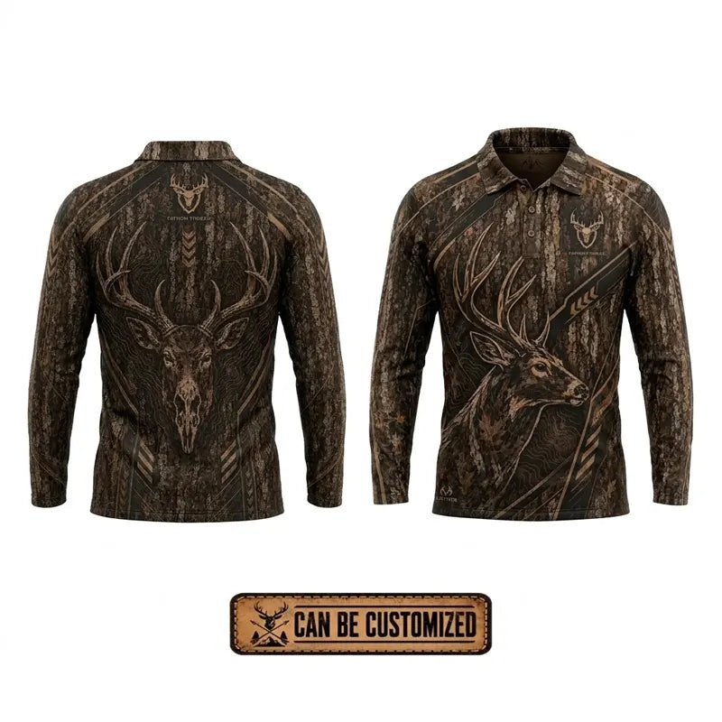 Tree Camo Deer Head Hunting Polo Long Sleeve Shirt