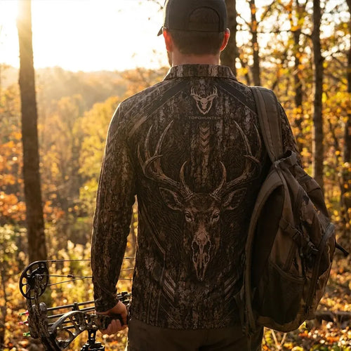 Tree Camo Deer Head Hunting Polo Long Sleeve Shirt