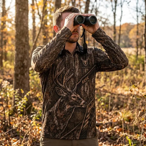 Tree Camo Deer Head Hunting Polo Long Sleeve Shirt