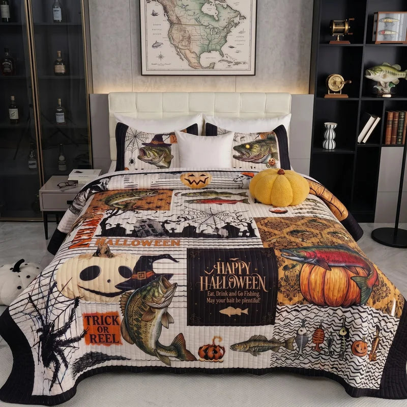 Trick or Reel Halloween Fishing Quilt Bedding Set 2026