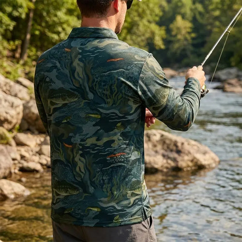 Underwater Camo Fishing Polo Long Sleeve Shirt