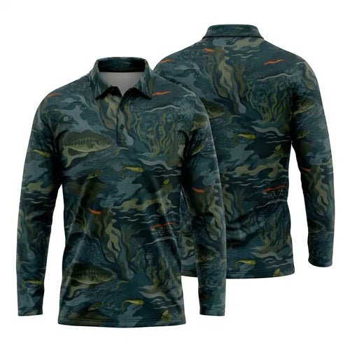 Underwater Camo Fishing Polo Long Sleeve Shirt