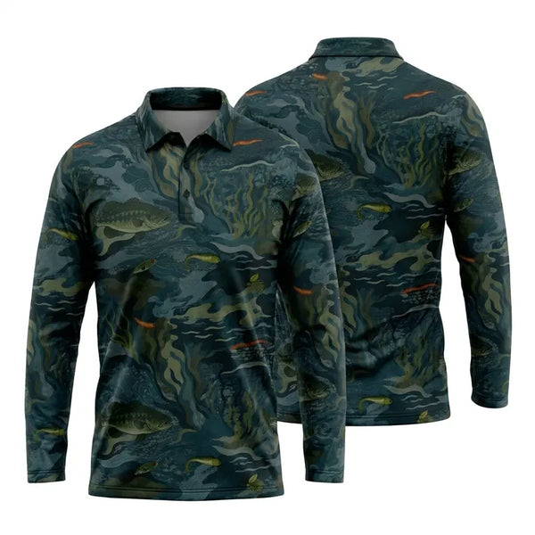 Underwater Camo Fishing Polo Long Sleeve Shirt 2026