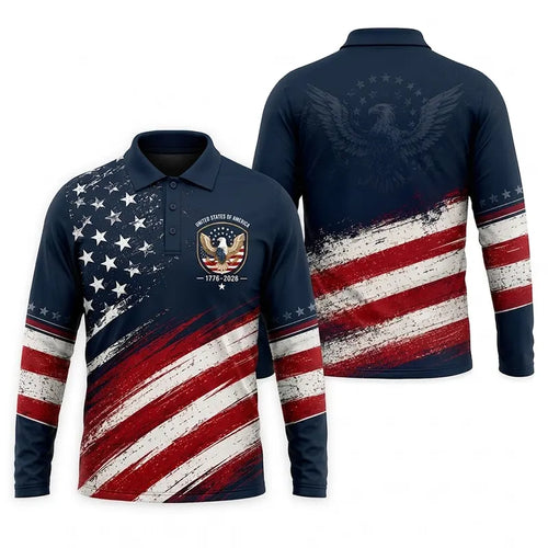 United States Of America 1776–2026 Patriotic Polo Long Sleeve Shirt