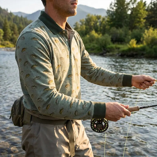 Vintage Fish Pattern Fishing Polo Long Sleeve Shirt