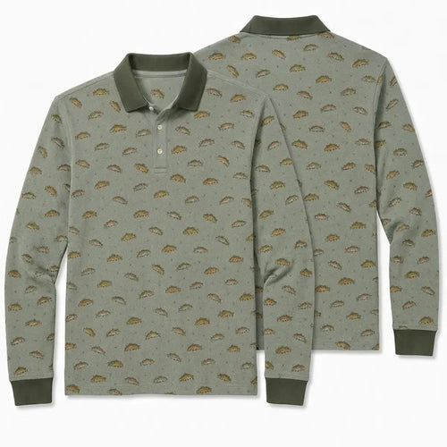 Vintage Fish Pattern Fishing Polo Long Sleeve Shirt