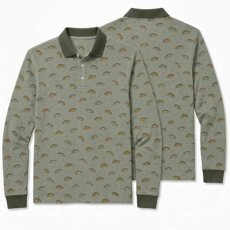 Vintage Fish Pattern Fishing Polo Long Sleeve Shirt